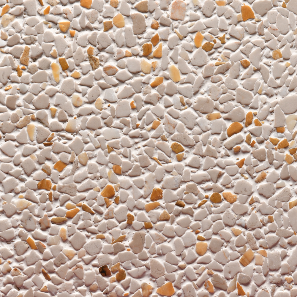 Finitura spazzolata pannelli verticali, graniglia bianco Tortora e giallo Siena, fondo bianco