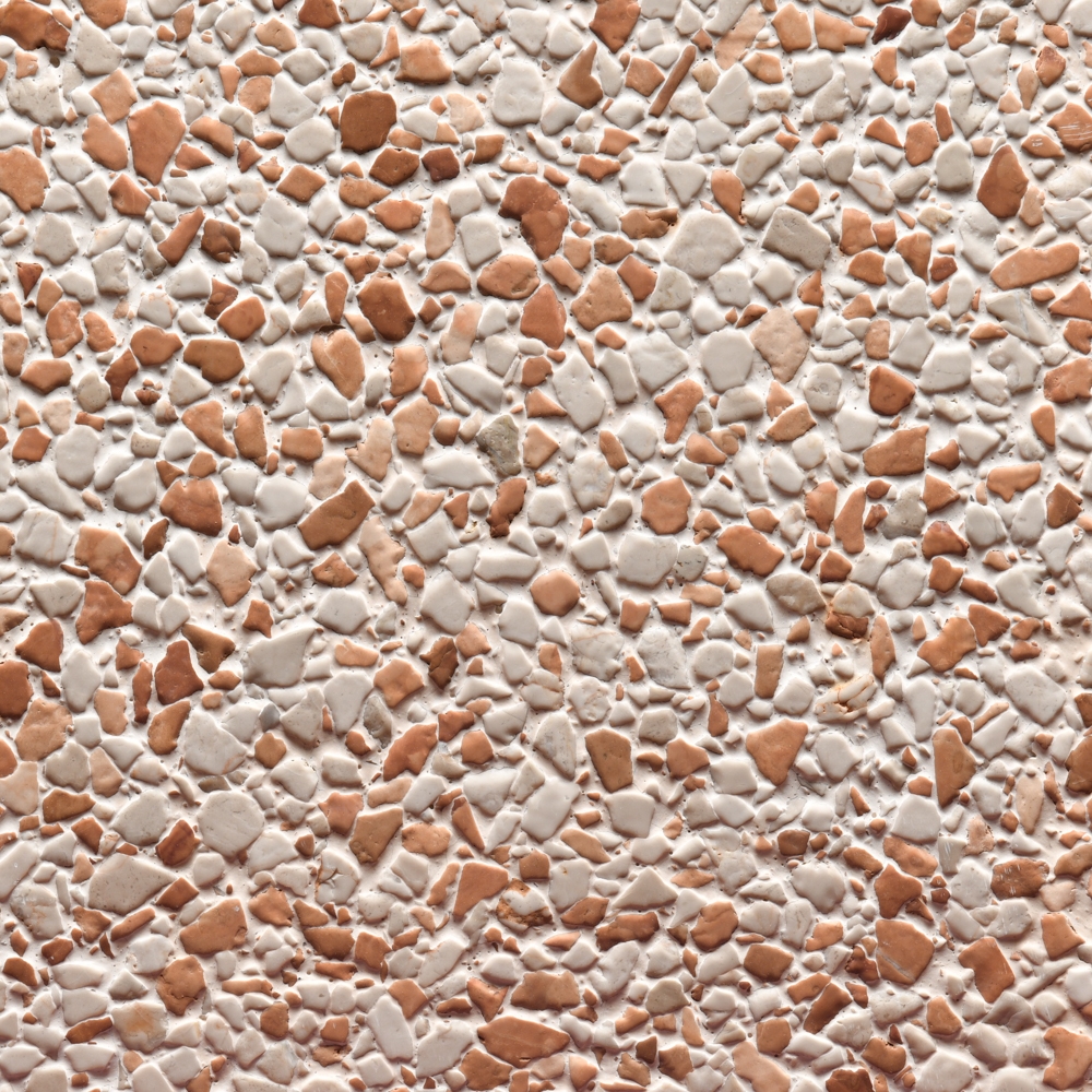 Finitura spazzolata pannelli verticali, graniglia rosso Verona e bianco Tortora, fondo Bianco